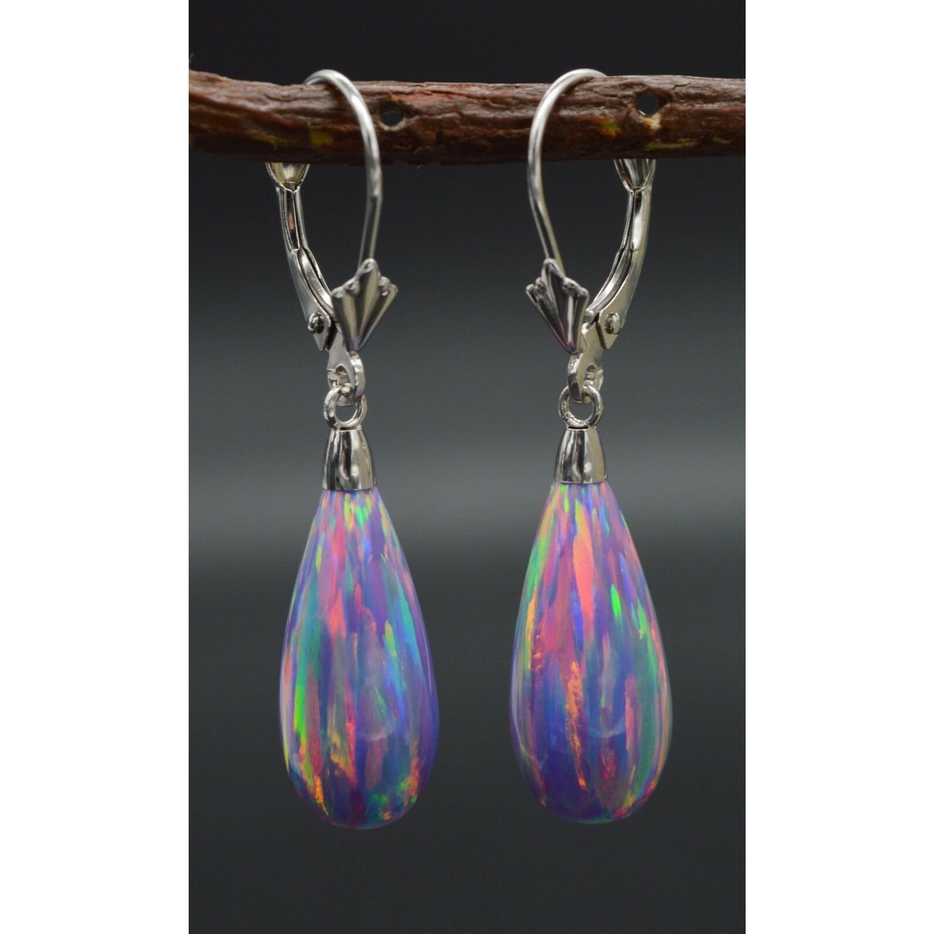 14k Solid White Gold Tear Drop Purple Fire Opal Lever Back Dangle Earrings